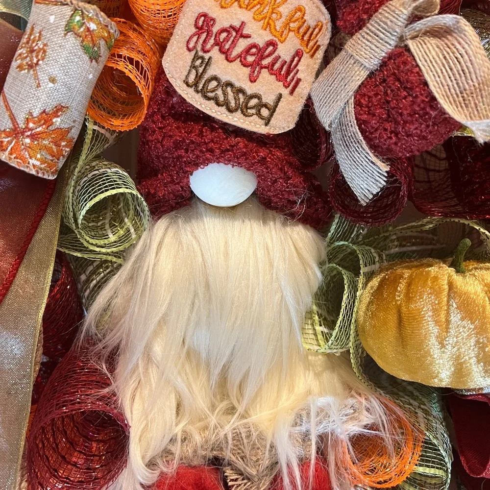 Autum Fall Ribbon Wreath Thankful Gnome Handmade 22 in’s. #W3